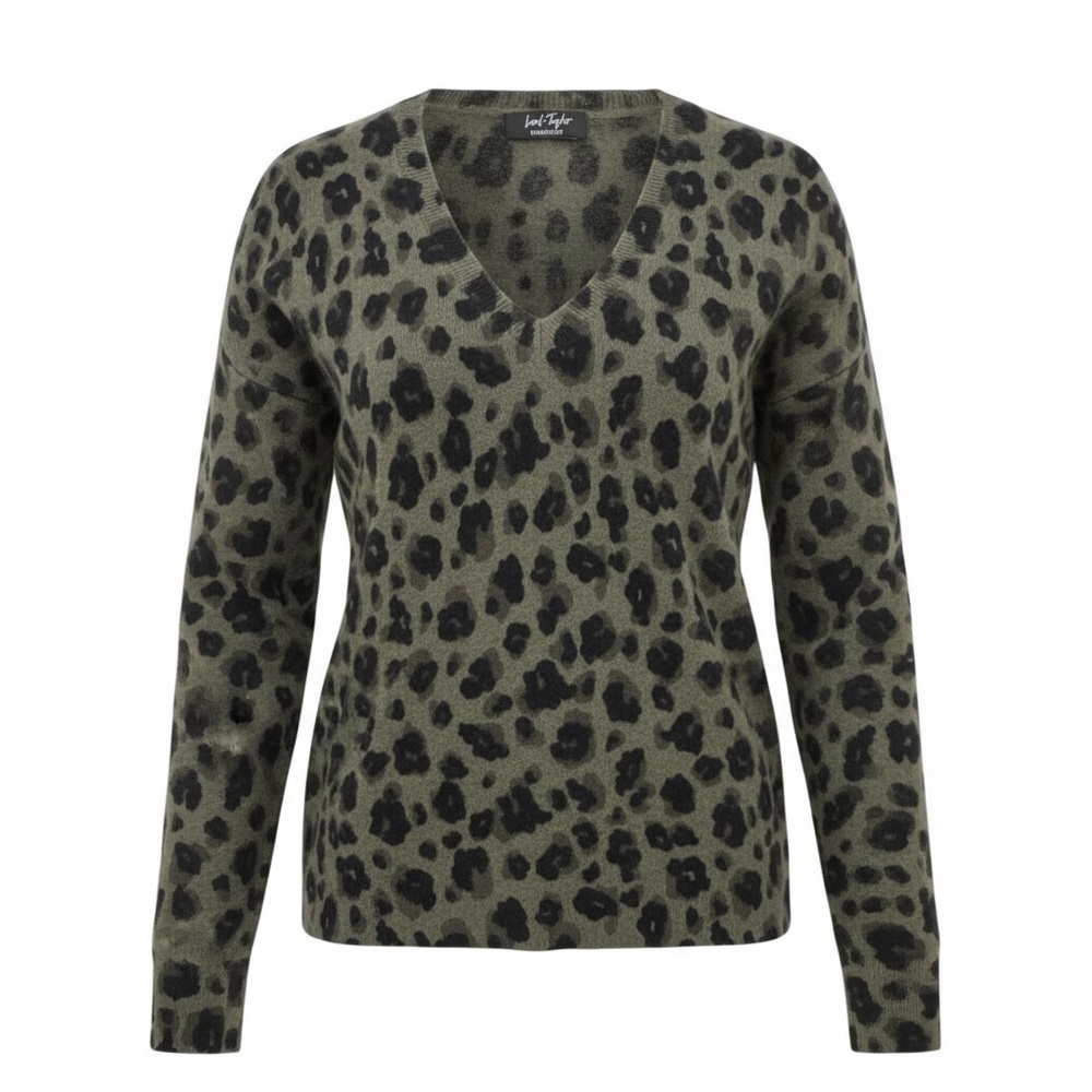 Lord & Taylor 100% Cashmere Olive Leopard V-Neck Sweater, *RARE*